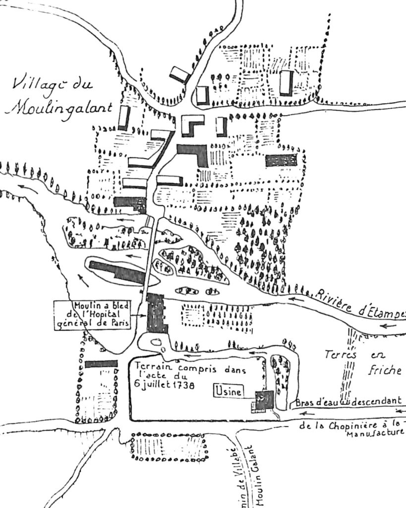 Plan du hameau de Moulin-Galant (Villabé). Croquis dessiné lors de la vente de la manufacture de cuivre en 1749.