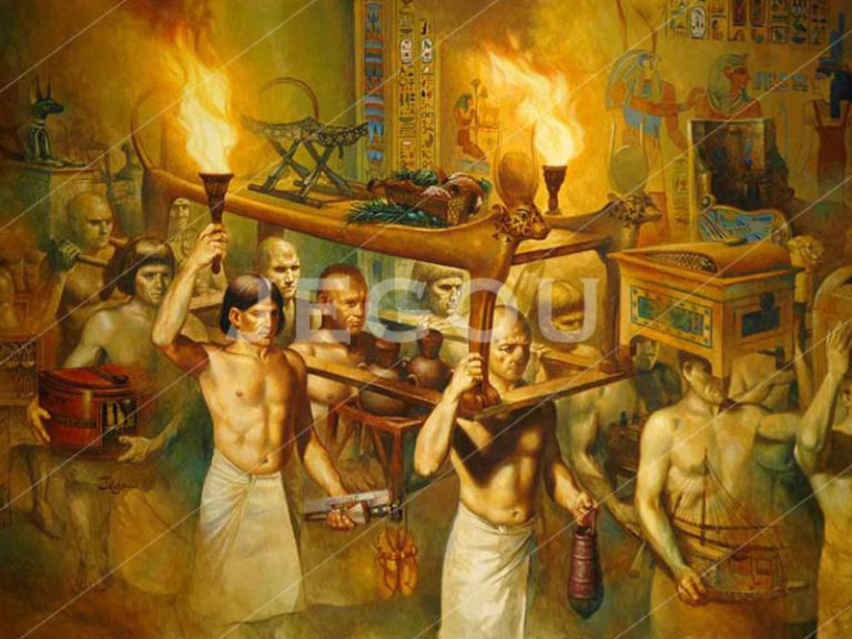 Illustration de Christian Jegou : "Pharaon Descente au tombeau", illustration les objets sacrés du Pharaon