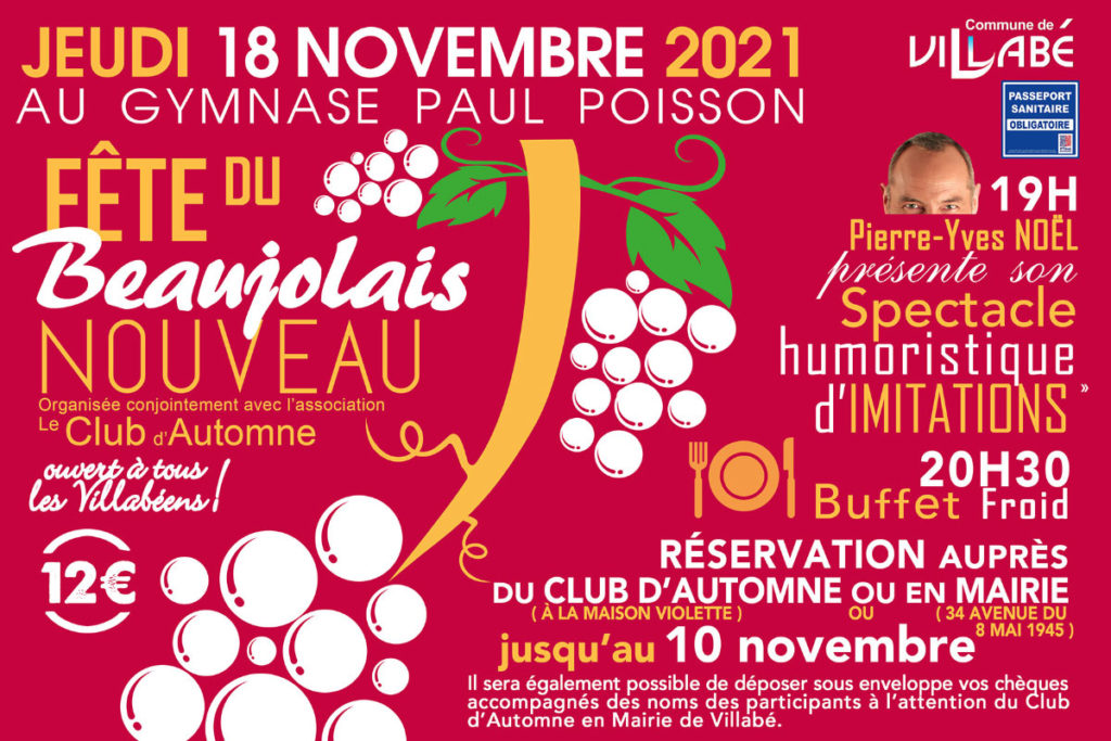 Fête du Beaujolais nouveau à Villabé : Soirée spectacle et buffet froid le 18 novembre 2021
