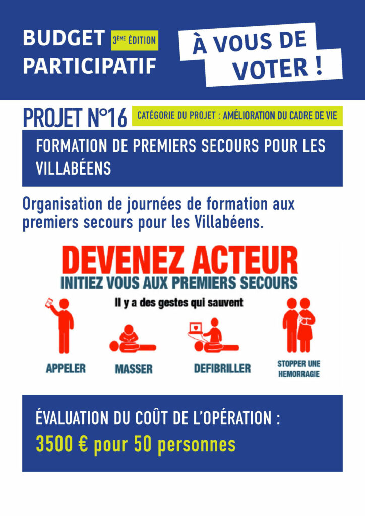 Budget Participatif 2023 de Villabé - Projet n°16 : Journées de formation aux premiers secours