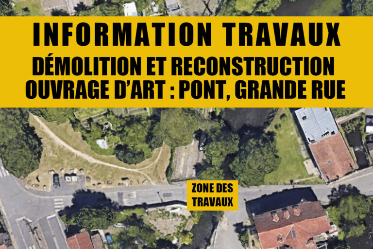 Information Travaux : Démolition et reconstruction d'un ouvrage d'art, pont  Grande Rue de Villabé. Durée prévisionnelle des travaux 5 mois.