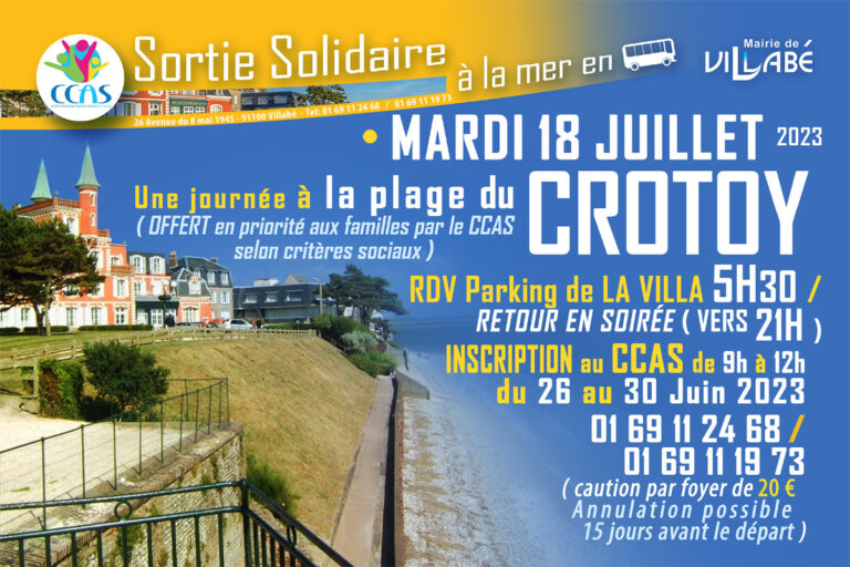 Une sortie solidaire à la mer, à la plage du Crotoy, avec voyage en car, est organisée par le C.C.A.S. de Villabé le mardi 18 juillet 2023 : un voyage offert en priorité aux familles par le CCAS (selon critères sociaux). 