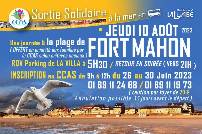 Une sortie solidaire à la mer, à la plage du Fort Mahon, avec voyage en car, est organisée par le C.C.A.S. de Villabé le jeudi 10 Août 2023 : un voyage offert en priorité aux familles par le CCAS (selon critères sociaux). 