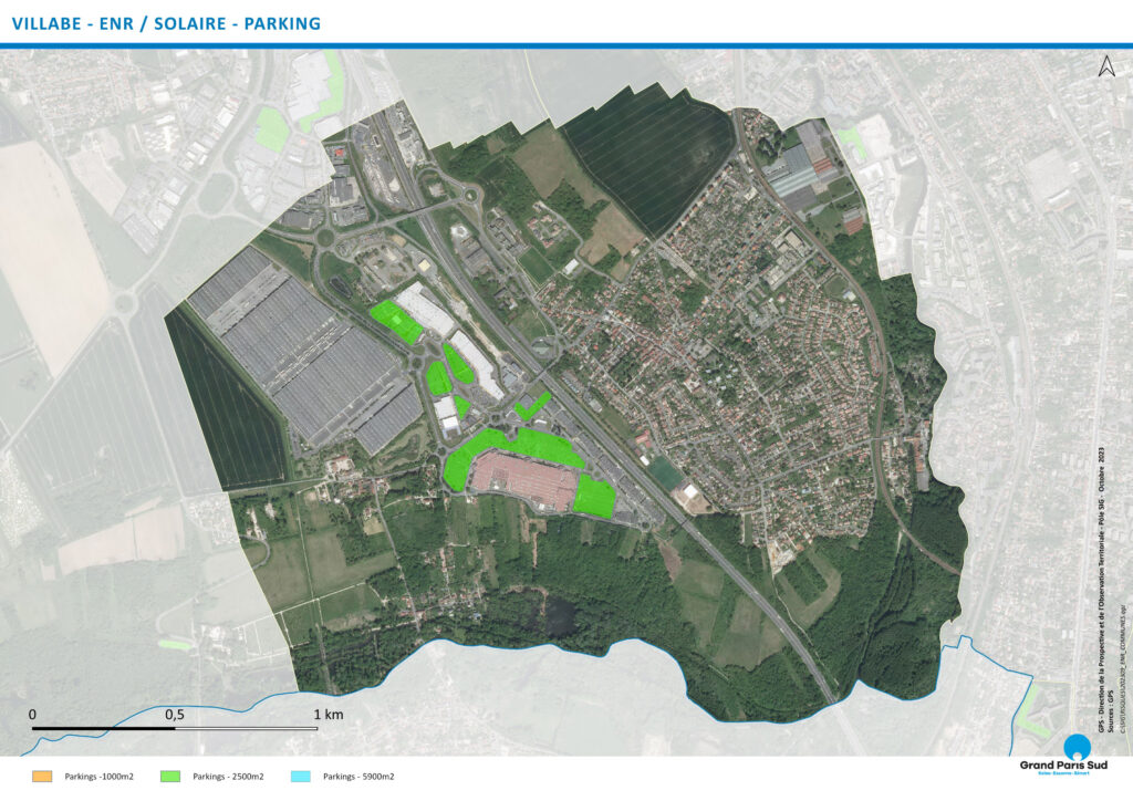 Carte ENR du potentiel de capacité solaire des parkings (parcs de stationnement) de la commune de Villabé (2023)