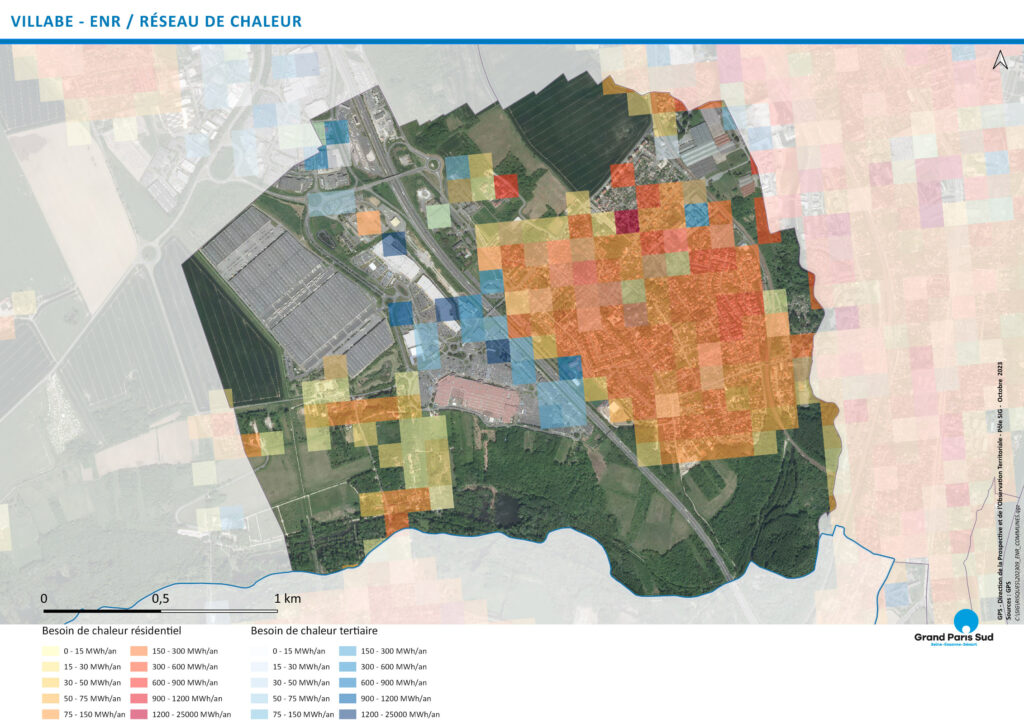 Carte ENR du "réseau de chaleur" de la commune de Villabé (2023) : estimations de besoins de chaleur résidentiel et tertiaire