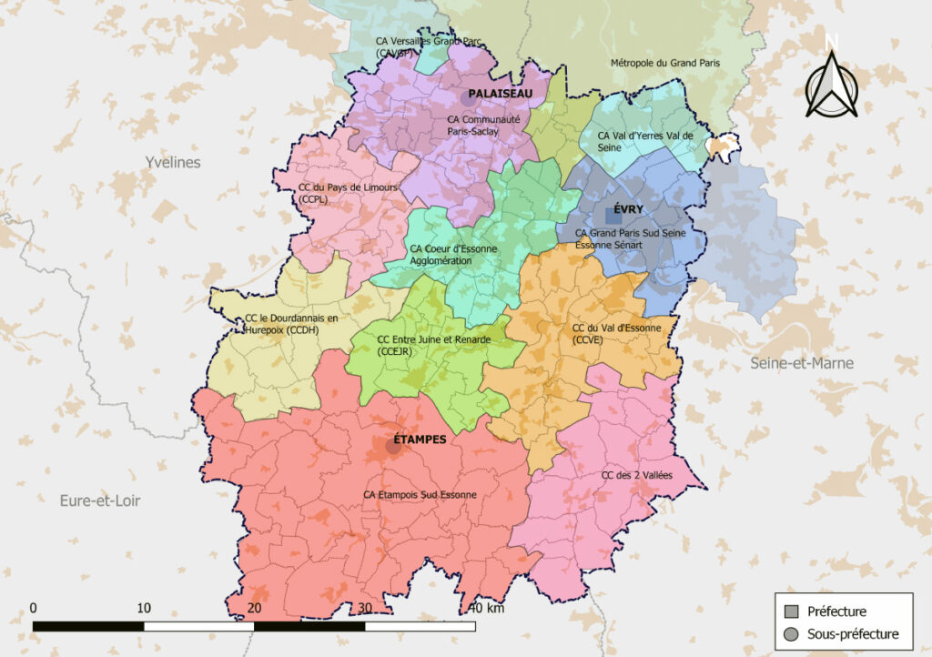 Carte des EPCI (Établissements Publics de Coopération Intercommunale) de l'Essonne au 1er janvier 2019.
