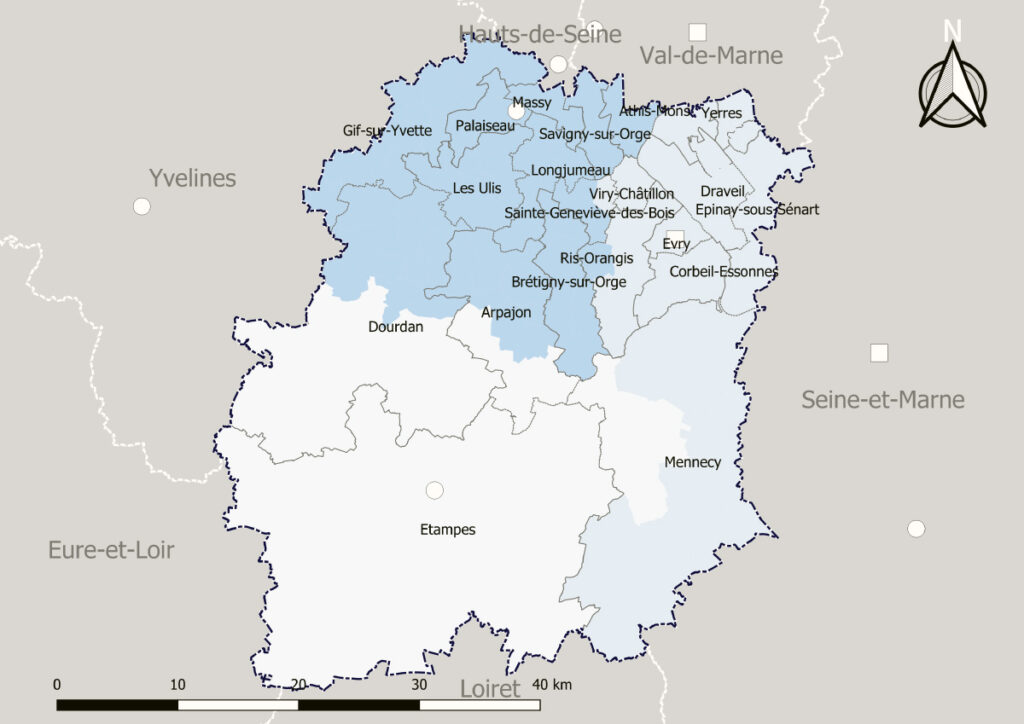 Découpage cantonal du département de l'Essonne, avec les arrondissements en surimpression - Carte arrêtée au 1er janvier 2019.