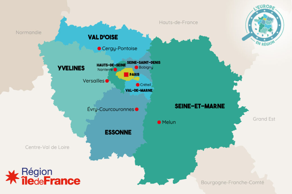 Carte des départements et préfectures de la région Île-de-France