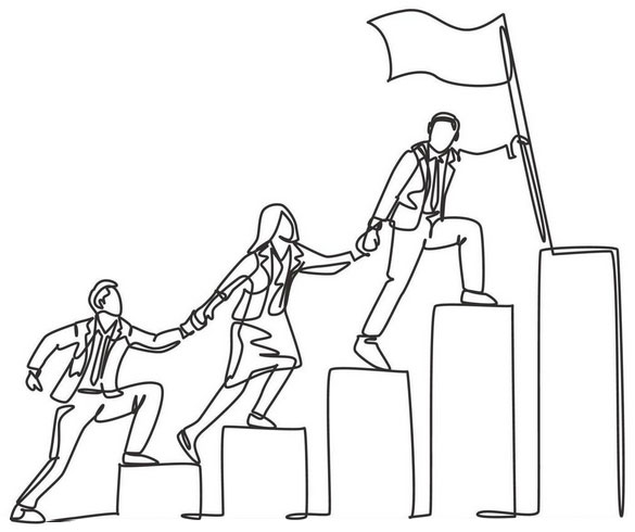 Dessin de concept travail d'équipe : des membres se tiennent la main pour escalader les marches, pour franchir les étapes et atteindre le sommet