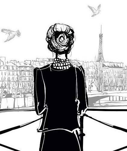 Dessin en noir et blanc d'une femme regardant Paris et la Seine depuis le pont des Arts