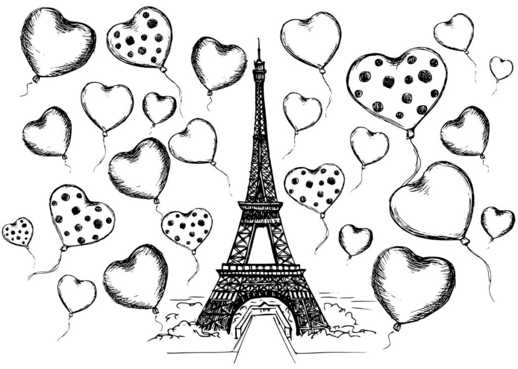 Dessin en noir et blanc de la tour Effeil de Paris entourée de ballons en forme de cœur