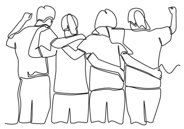 Dessin au trait d'un groupe d'hommes et de femmes debout et se serrant les coudes pour montrer leur lien d'unité