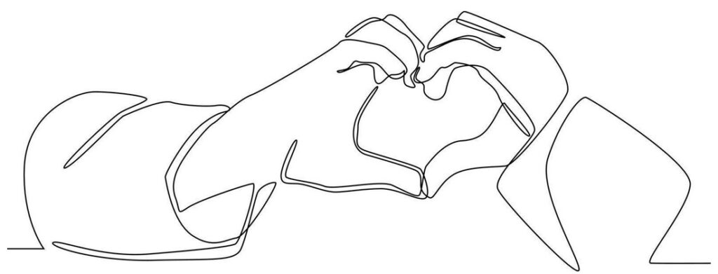 Dessin en ligne continu de deux mains formant un cœur, symbole d'amour