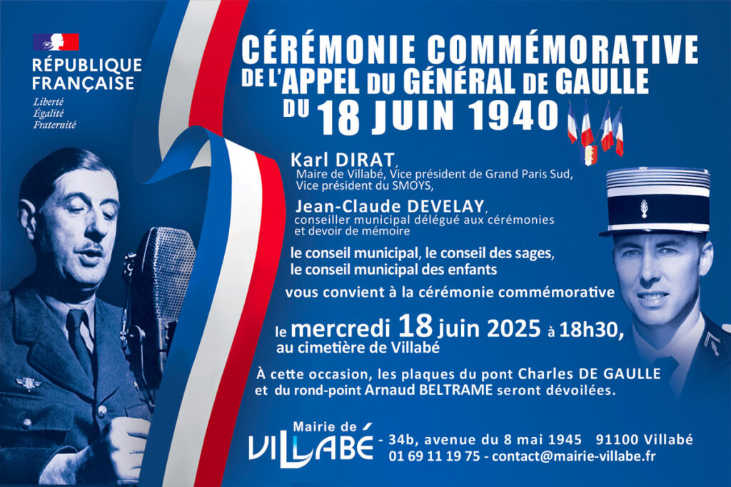Cérémonie commémorative de l'Appel du Général DE GAULLE du 18 juin 1940, le 18 juin 2025, 18h30, cimetière de Villabé